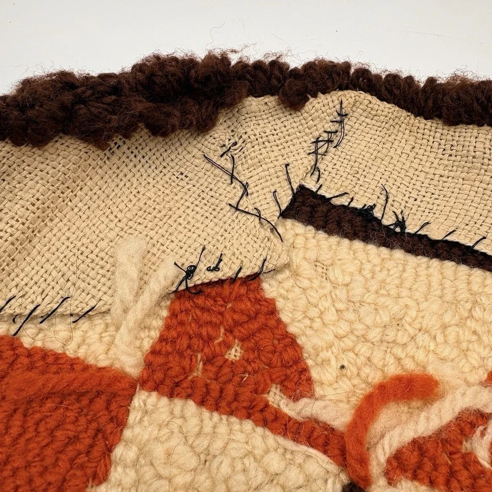 Vintage 70s Latch Hook Round Chair Pad Rug Brown‎ Orange Retro 16